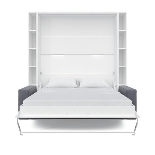 MAXIMAHOUSE Schrankbett vertikal Invento LED 160V (160x200) mit Sofa Milo und Regalen (Weiß/Weiß matt + graues Sofa + Regalen) von MAXIMAHOUSE