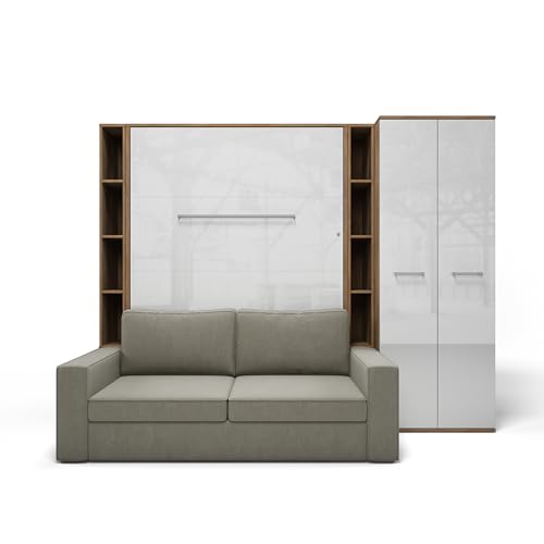 MAXIMAHOUSE Schrankbett vertikal mit Sofa, 2 Regalen und Kleiderschrank, Invento LED 140V mit Lattenrost aus Holz, Wandklappbett 140x200 modern Design (Eiche Country/Weiß Glanz + beiges Sofa) von MAXIMAHOUSE