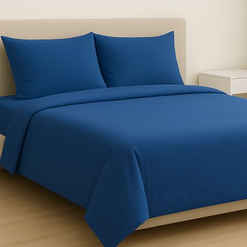 MAXIME MAISON - Bettlaken Set Baumwolle (4 Teilige, Blau/Denim) für Allergiker geeignet, 1 Spannbettlaken 180x200cm, 1 Bettlaken 240x285cm und 2 Kissenbezüge 52x82cm (BETTBEZUG Nicht ENTHALTEN) von MAXIME MAISON