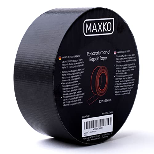 MAXKO Panzertape, extra stark, schwarz, 50 m x 50 mm – gewebeverstärktes Reparaturband, gewebeverstärktes Folienband, Gewebe-Klebeband, Gewebeband, Panzertape, Panzerband, Isolierband von MAXKO