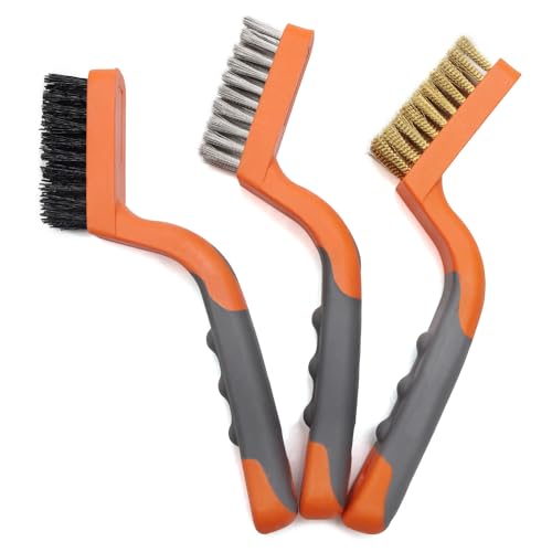 Drahtbürste, 3-teilig, Messing/Edelstahl/Nylon-Drahtbürsten zum Reinigen, Rostborsten-Bürsten-Set mit gebogenem Gummigriff, zum Entfernen von Schmutz, Farben (Orange + Grau) von MAXMAN