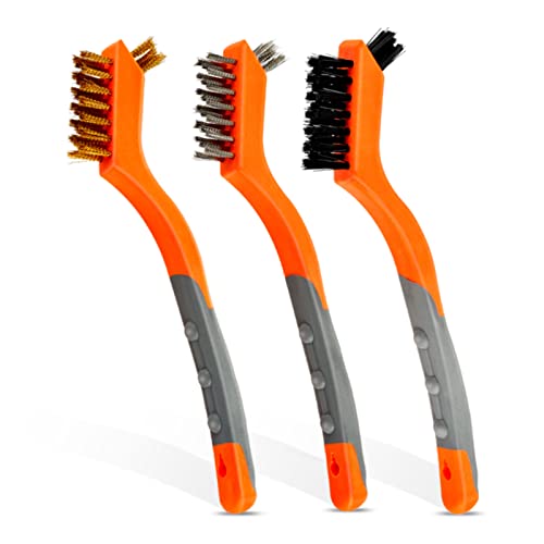 MAXMAN Drahtbürsten-Set, 3 Packungen Messing-Edelstahl-Nylon, Mini-Bürsten mit gebogenem Griff für die Reinigung von Schweißschlacke, Rost, schmale Ecken und Detailarbeiten, Orange und Grau von MAXMAN