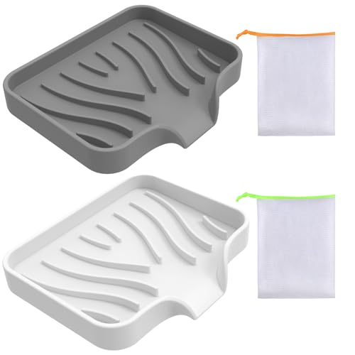 2 Stück Silikon-Seifenhalter Mit 2 Stück Schaumnetz, Badezimmer-Seifenschale Mit Abfluss-Seifenschale, Anti-Rutsch-Design-Seifenschale von MAXQUU