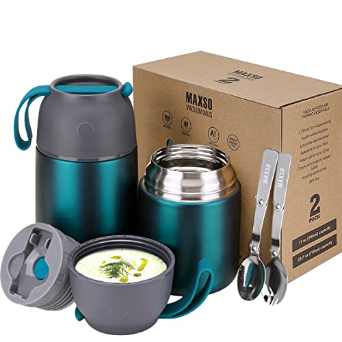 2 Pack Vacuum Insulated Food Jar Hot Food Containers for Lunch School Soup Thermos For Kids,Travel Food Flask Hot Cold (24oz,17oz) (Dark Green) von MAXSO