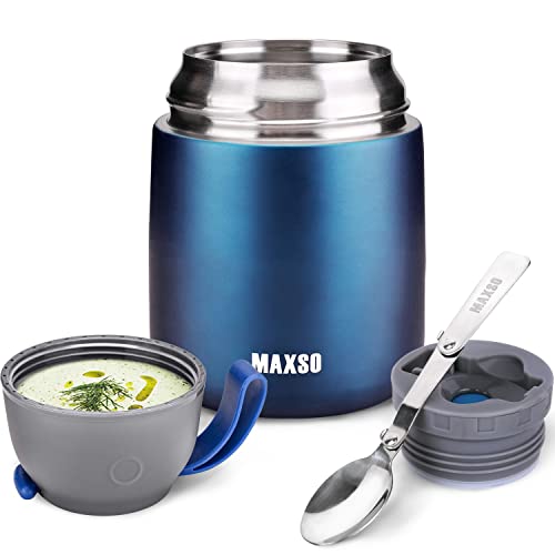 MAXSO Isolierter Lunchbehälter für heiße Speisen, 500 ml, Edelstahl, Vakuum Bento-Lunchbox für Kinder und Erwachsene, mit Löffel, Lebensmittel-Thermoskanne für Schule, Picknick, Reisen (dunkelblau) von MAXSO