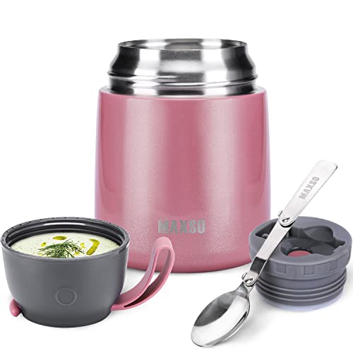 MAXSO Suppen-Thermoskanne für heiße Lebensmittel, 482 ml, Edelstahl, vakuumisoliert, Bento-Box mit Löffel für Kinder und Erwachsene, auslaufsicher, Picknick, Reisen – Rosa von MAXSO