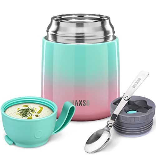 MAXSO Suppen-Thermoskanne für heiße Speisen, 482 ml, Edelstahl, vakuumisoliert, Lunchbehälter, Bento-Box mit Löffel für Kinder und Erwachsene, auslaufsicher, Reisen – Rosa,Grün von MAXSO