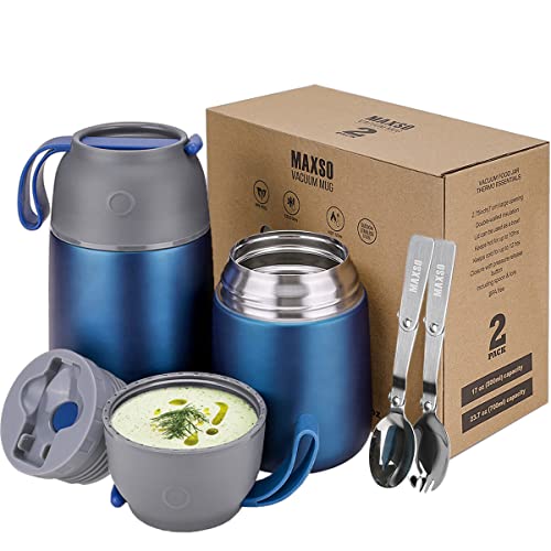 MAXSO Thermobehälter für heiße und kalte Speisen, für Kinder und Erwachsene, vakuumisoliert, Lebensmittelbehälter, Reise-Lebensmittelbehälter mit Löffel, 680 ml, 482 ml, Dunkelblau, 2 Stück von MAXSO