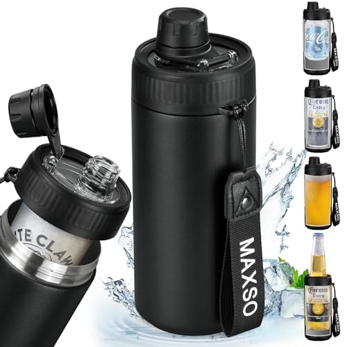 MAXSO Versiegelter Dosenkühler Fizz Deckel Dosenabdeckung für 340 ml normale, schlanke Skinny Dosen und als Thermoflasche, 4-in-1 isolierter Vakuum-Edelstahl-Kaltgetränkehalter – Schwarz von MAXSO