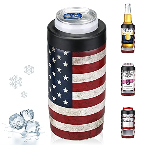 Maxso Schlanker Dosenkühler, 4-in-1 doppelwandig, Edelstahl, isolierter Bierdosenhalter, funktioniert mit allen 340 ml Dosen, Flaschen und als Pint-Becher – Amerika-Flagge von MAXSO
