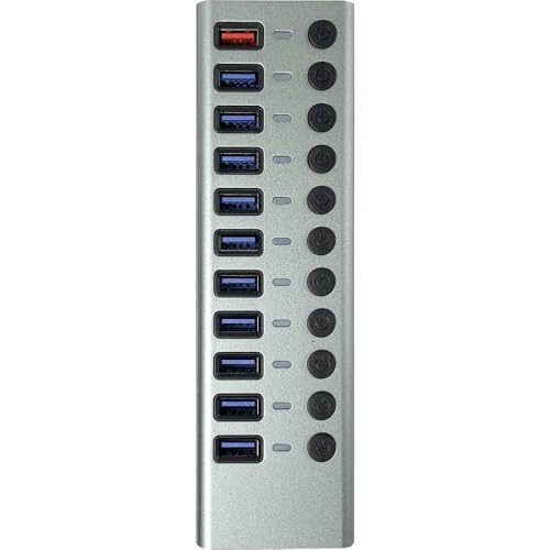 MaxTrack USB 3.0 Hub CH12L - USB 3.0 Hub mit 10 USB Ports, 1 Ladeport für Mobilgeräte, USB Hub mit Netzteil, 5 Gbps, USB Hub Aktiv, 2,4A Ladestation, Einzeln Schaltbar von MAXTRACK