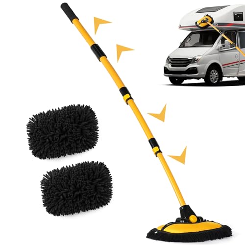 MAXVINI 144CM Autowaschbürste Waschbürste mit Teleskopstiel, 15° Bogen Auto waschbürste mit Langer Stiel, Mikrofaser Chenille Autowaschmopp Reinigungsbürste für Auto LKW Wohnwagen Wohnmobil von MAXVINI