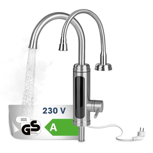 MAXXMEE Elektrische Edelstahl Armatur plus integrierter Durchlauferhitzer | Wasserhahn mit Heizspirale & LED Temperaturanzeige | 2 wechselbare Wasserhähne | über 60 °C warmes Wasser ohne Vorheizen von MAXXMEE