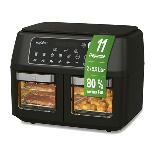 MAXXMEE Heißluft-Fritteuse Doppelkammer 11 Liter | Clevere Kombination aus Heißluftofen, Grill & Fritteuse mit 2 XXL-Frittierfächern mit je 5,5 Litern | Digitales Bedienfeld und Sichtfenster von MAXXMEE