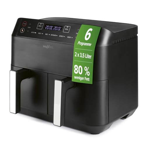 MAXXMEE Heißluft-Fritteuse Doppelkorb 7,6 Liter | Digitale Doppel Heißluftfritteuse mit zwei Kammern 2x 3,8 Liter, zeitgleiches Garen von 2 verschiedenen Mahlzeiten | 6 Programme [2400 Watt] von MAXXMEE