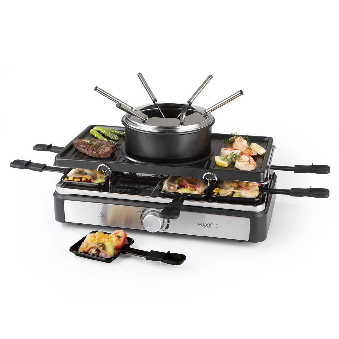 Raclette- & Fondue-Set - Mit Fondue-Topf, 6 Gabeln und 8 Pfännchen von MAXXMEE