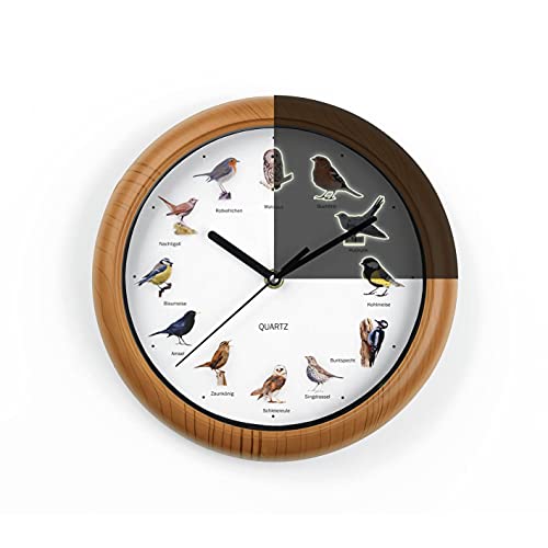 MAXXMEE Wanduhr mit Vogelstimmen | Wanduhr mit 12 Singvogelstimmen und naturgetreuen Vogelmotiven | Automatische Abschaltung zwischen 21 und 5 Uhr | Fluoreszierend: Vögel leuchten im Dunkeln [25cm] von MAXXMEE