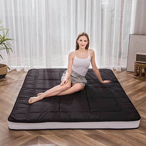 Futon Matratze, gepolsterte japanische Bodenmatratze gesteppte Bettmatratze Topper, atmungsaktive Bodenliege Gästebett für Wohnzimmer Schlafzimmer Camping Couch (Doppelbett, Schwarz) von MAXYOYO