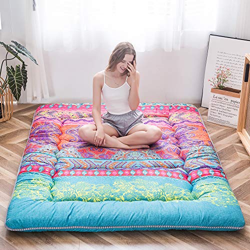 MAXYOYO Böhmische Retro Futon Matratze - Vintage Blumenmuster japanische Bodenmatratze - rollbar verdicken Gästebett, Schlafbett, tragbare Campingbett, Tatami Matte (Bohemian B, 140 x 200 cm) von MAXYOYO