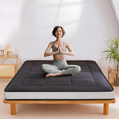 MAXYOYO Futon-Matratze, 15 cm gepolsterte japanische Bodensteppmatratze, extra dicke Isomatte, atmungsaktiv, Bodenliege, Gästebett, Autobett (Schwarz, Doppelbett) von MAXYOYO