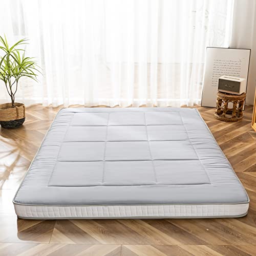 Maxyoyo Futonmatratze, gepolsterte japanische Bodenmatratze, Auflage, gesteppt, extra dicke klappbare Schlafmatte, atmungsaktive Bodenliege, als Gästebett, Couch, für Camping (Hellgrau, Doppelbett) von MAXYOYO