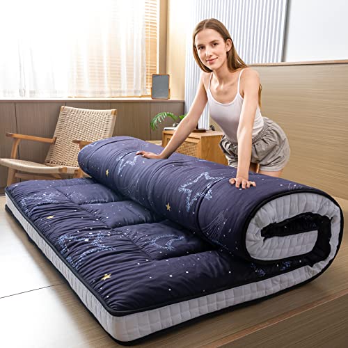 MAXYOYO Futon Matratze, Gepolsterte Japanische Bodenmatratze Gesteppte Bett Matratzenauflage, Extra Dicke Faltbare Isomatte Atmungsaktive Bodenliege Gästebett (Mond und Sterne, 90x200cm) von MAXYOYO