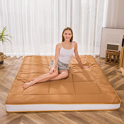 MAXYOYO Futon Matratze, Gepolsterte Japanische Bodenmatratze Gesteppte Bett Matratzenauflage, Extra Dicke Faltbare Isomatte Atmungsaktive Bodenliege Gästebett Camping Couch (Braun, King) von MAXYOYO