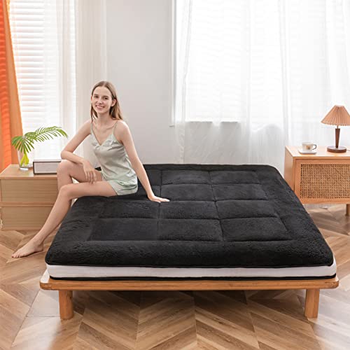 MAXYOYO Sherpa Futonmatratze Japanischer Bodenmatratze Rollmatratze Ultra Weiche Bett Matratze Isomatte Gepolsterte für Schlafzimmer Gästezimmer (Sherpa-Schwarz, 150 x 200 cm) von MAXYOYO