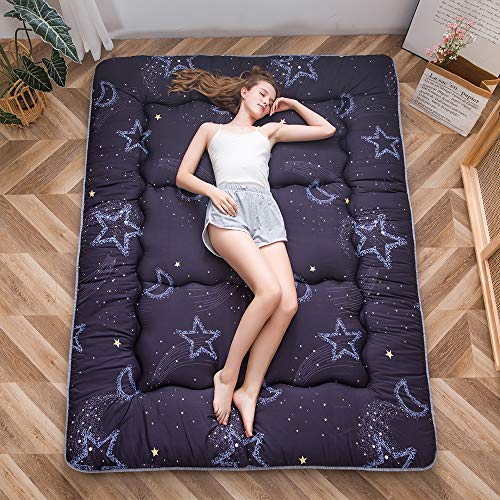 MAXYOYO Japanische Bodenmatratze Futonmatratze, Verdicken Tatami Matte Isomatte Faltbare Roll-Up Matratze Schlafsaal Matratzenauflage Bodenliege Kissen Bett (Mond und Stern, 150 x 200 cm) von MAXYOYO