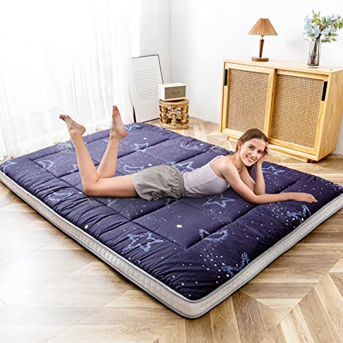 MAXYOYO Futon Matratze, Gepolsterte Japanische Bodenmatratze Gesteppte Bett Matratzenauflage, Extra Dicke Faltbare Isomatte Atmungsaktive Bodenliege Gästebett(Mond und Sterne, 135x190cm) von MAXYOYO