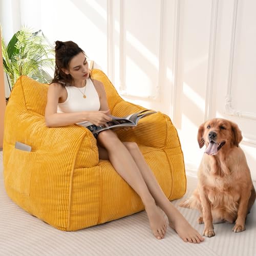 MAXYOYO Riesiger Sitzsack-Sofa für Erwachsene, 105 x 80 cm, Cord, hochdichter Schaumstoff, gefüllter Sitzsack mit Armlehnen für Teenager, großer Lazy Puff Stuhl für Wohnzimmer, Schlafzimmer (Orange) von MAXYOYO