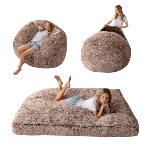 MAXYOYO Riesiges Sitzsackbett – umwandelbar vom Sitzsack zum Bett – großes Sofa mit Plüschbezug und Flauschiger Füllung im Lieferumfang enthalten, für Erwachsene, Paare, Gäste (Braun, 135x190 cm) von MAXYOYO