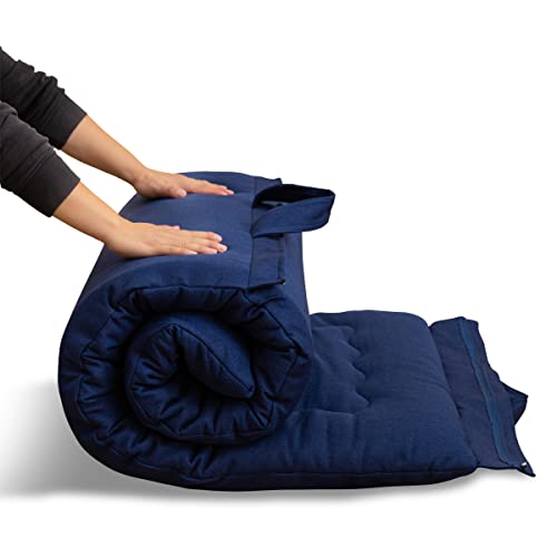 MAXYOYO Tragbare, faltbare Futon-Matratze, hypoallergener Stoff und dicke Schaumstoff-Matratzenauflage mit Griff und Reißverschluss für Outdoor Indoor Camping Gästeauto (Marineblau, 135 x 190 cm) von MAXYOYO