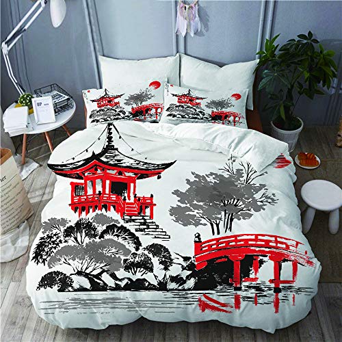 MAYBELOST Bettwäsche-Set,Mikrofaser,Aquarell Landschaft Daigoji Herbstsaison Kyoto Japan Japanische Vintage rote asiatische Zeichnung Skizze Asien,1 Bettbezug 220x240 + 2 Kopfkissenbezug von MAYBELOST