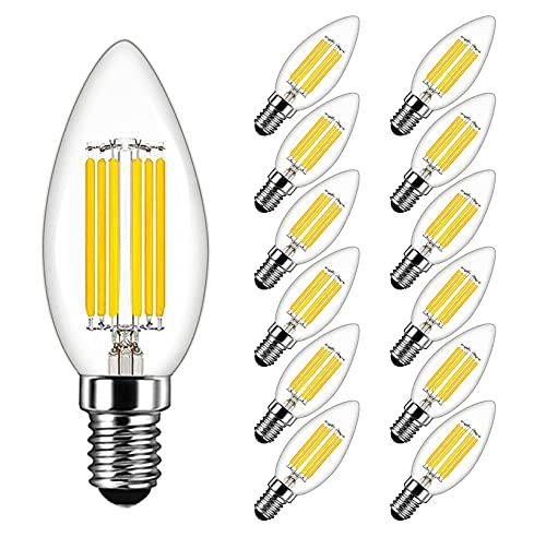 MAYCOLOR E14 Kerze LED Lampe 6W Ersetzt 60W, 600 lumen, Kaltweiß 6500K, Filament Fadenlampe Ideal für Kronleuchter und Kristalllichter, AC 220-240V, Nicht Dimmbar, Glas, 12er Pack von MAYCOLOR