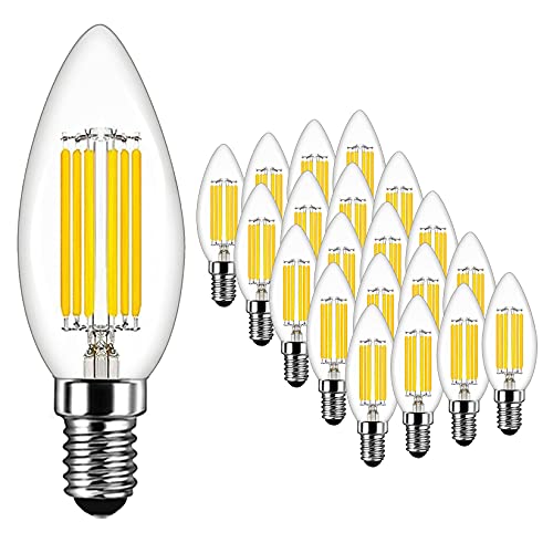 MAYCOLOR E14 Kerze LED Lampe 6W Ersetzt 60W, 600 lumen, Kaltweiß 6500K, Filament Fadenlampe Ideal für Kronleuchter und Kristalllichter, AC 220-240V, Nicht Dimmbar, Glas, 20er Pack von MAYCOLOR