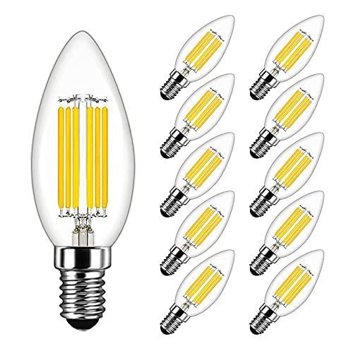 MAYCOLOR E14 Kerze LED Lampe 6W Ersetzt 60W, 600 lumen, Kaltweiß 6500K, Filament Fadenlampe Ideal für Kronleuchter und Kristalllichter, AC 220-240V, Nicht Dimmbar, Glas, 10er Pack von MAYCOLOR