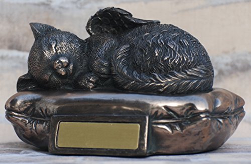 Katzen Urne bronziert als Katzen-Engelfigur mit Gravurplatte, Tierurne von MAYER CHESS