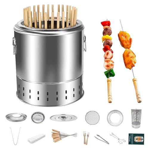 MAYFABD Tragbare Holzkohlegrills Vertikaler BBQ Hängeofen Rauchfreies Grillfass Grill mit Großem Fassungsvermögen Edelstahl Split Ofen 360° Rundum Röstöl Holzkohle Trennung,28pcs von MAYFABD