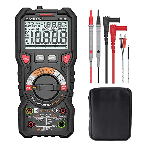 HT118E 20000 Zählt Multimeter Digital, Strommessgerät True RMS mit NCV und LIVE-Draht Erkennung, misst AC/DC Spannung und Strom, Temperatur, Kapazität, Widerstand, Dioden, Kontinuität, Frequenz von MAYILON