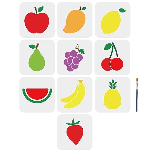 MAYJOYDIY 10 Stück Obst-Schablonen Apfel Mango Zitrone Birne Traube Kirsche Wassermelone Banane Ananas Erdbeere Malvorlage 15 x 15 cm Mit Pinsel DIY Kunst Handwerk Wand Heimdekoration von MAYJOYDIY