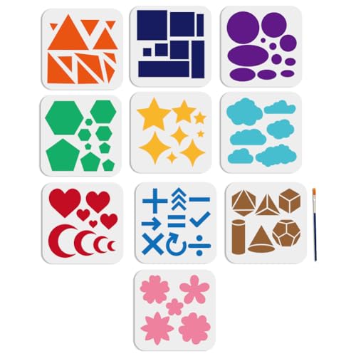 MAYJOYDIY 10 Stück Schablone Mit Geometrischen Formen 15 x 15 cm Einfache Zeichenschablonen Mit Malpinsel Dreieck Quadrat Kreis Herz Wolken Blumen Malschablonen Für Holz Leinwand Papier Stoff von MAYJOYDIY
