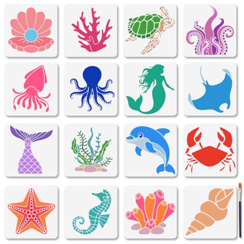 MAYJOYDIY 16 Schablonenset Mit Meereslebewesen Schablonen Malen Mit Ozean Meerjungfrauenmotiv 15×15cm Delfine Oktopus Kunsthandwerksvorlagen Mit Pinsel Für Fenster Holz Wände Heimgeschenk Dekoration MAYJOYDIY 16 Schablonenset Mit Meereslebewesen Schablonen Malen Mit Ozean Meerjungfrauenmotiv 15×15cm Delfine Oktopus Kunsthandwerksvorlagen Mit Pinsel Für Fenster Holz Wände Heimgeschenk Dekoration von MAYJOYDIY