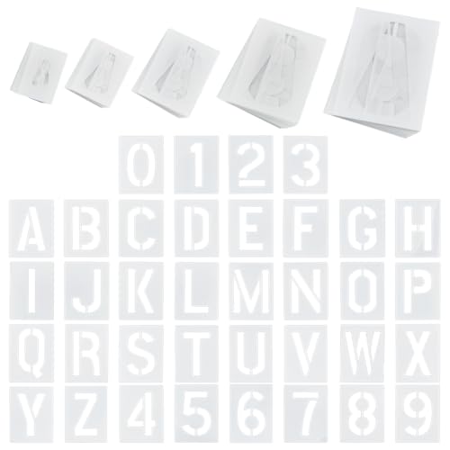 MAYJOYDIY 180 Stück Buchstaben und Zahlen Schablonen 5 Größen Weiß A ~ Z und 0~9 PET Plastik Hollow Out Zeichnung Malerei Schablonen für Malerei auf Holz, Wände, Stoff, DIY Kunst Projekte von MAYJOYDIY