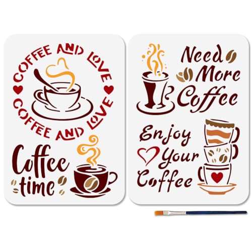 MAYJOYDIY 2 Stück Kaffee Malschablone Kaffee Nachmittagstee Schablone 29.7 × 21cm Mit Pinsel „Kaffeezeit“ Textvorlage Für Holz Wände Fenster DIY Basteln Heimdekoration von MAYJOYDIY