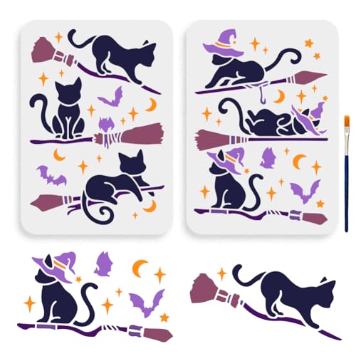 MAYJOYDIY 2 Stück Magischem Katzenbesen Schablonen 29.7×21cm Magischem Katzenmotiv Schablonen mit Pinsel Katze Auf Einem Besen Fledermaus Mond Stern Zeichenvorlage Für DIY Projekte Basteln Leinwand MAYJOYDIY 2 Stück Magischem Katzenbesen Schablonen 29.7×21cm Magischem Katzenmotiv Schablonen mit Pinsel Katze Auf Einem Besen Fledermaus Mond Stern Zeichenvorlage Für DIY Projekte Basteln Leinwand von MAYJOYDIY