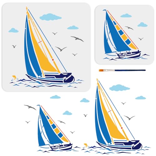 MAYJOYDIY 2 Stück Ozean Segelboot Schablone 20 × 20/30 × 30cm Nautische Segelboot Schablonen Mit Pinsel Sommer Meer Wellen Möwe Fisch Wolke Zeichenvorlage Für Heimwerker Basteln Möbel Holz Leinwand MAYJOYDIY 2 Stück Ozean Segelboot Schablone 20 × 20/30 × 30cm Nautische Segelboot Schablonen Mit Pinsel Sommer Meer Wellen Möwe Fisch Wolke Zeichenvorlage Für Heimwerker Basteln Möbel Holz Leinwand von MAYJOYDIY