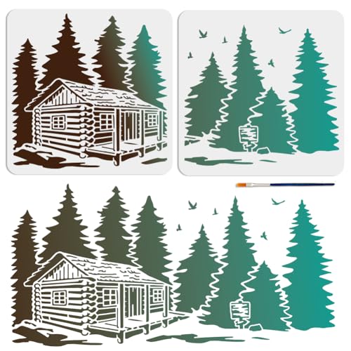 MAYJOYDIY 2 Stück Waldhütten Baumschablone 30 × 30cm Spleißstil Wald Kiefernhütten Schablone 56 × 28cm Natur Waldlandschaft Zeichenvorlage Mit Pinsel Für Kunsthandwerk Leinwand Möbel von MAYJOYDIY