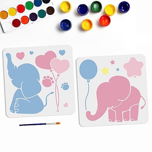 MAYJOYDIY 2 x Baby-Elefant-Schablone, Elefant-Vorlage, Stern, Herz, Ballon, Elefant, Fußabdruck, Muster, Elefant, Wanddekoration, 30 x 29 cm, mit Pinsel, DIY, Handwerk, Heimdekoration von MAYJOYDIY