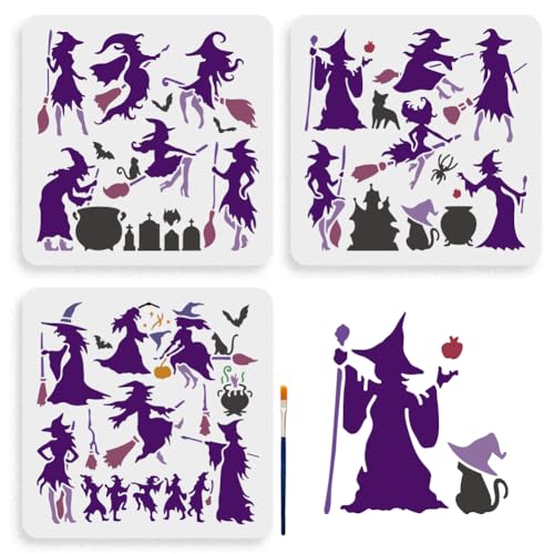MAYJOYDIY 3Pcs Halloween Hexe Schablonen 30×30 cm Hexe Auf Einem Besen Malschablone Mit Pinsel Grab Fledermaus Magisches Zeichenschablone Für DIY Projekte Basteln Möbel Leinwand Wanddekoration von MAYJOYDIY